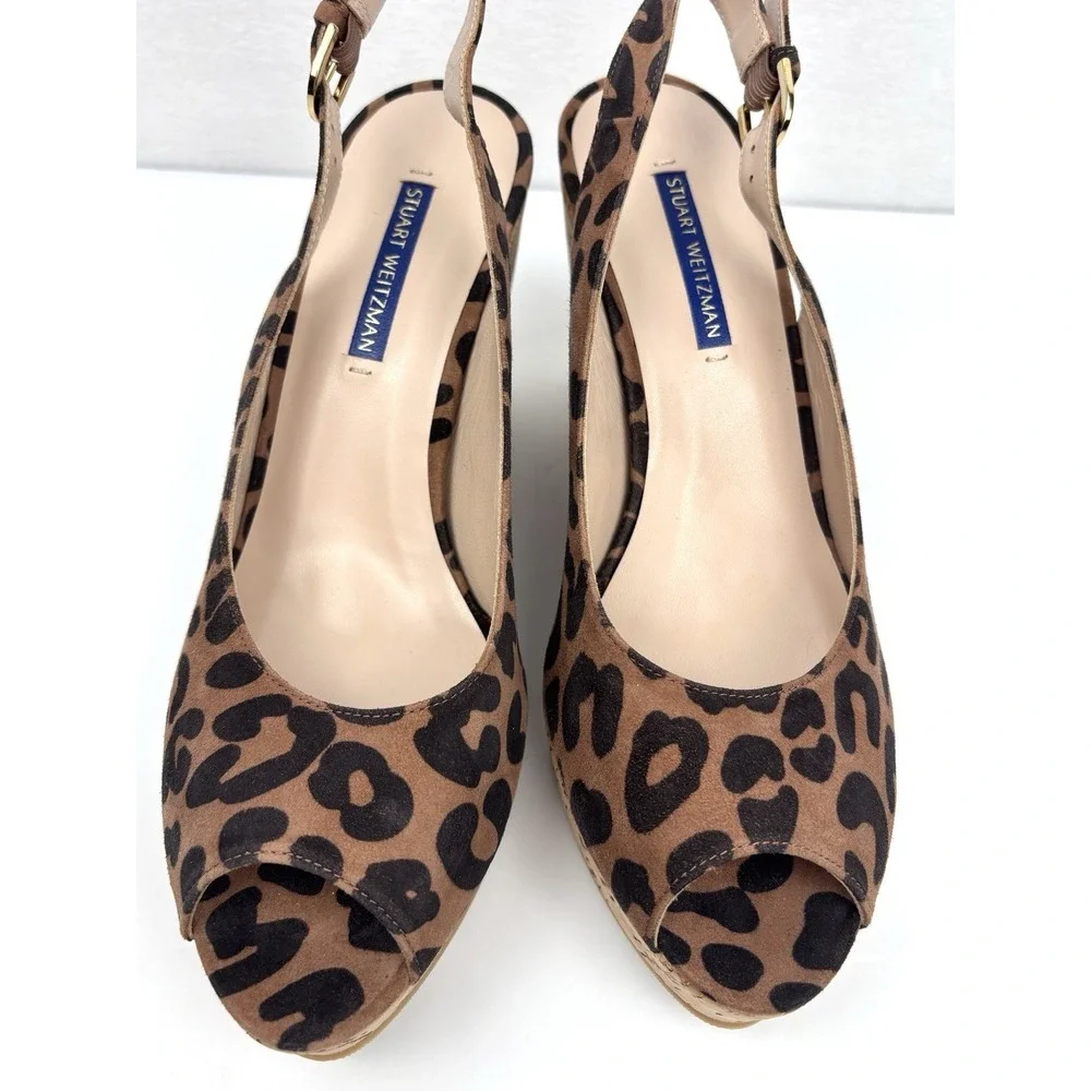 Stuart Weitzman Jean Leopard Cork Slingback Peep Toe Wedge Platform Sandals 8.5M